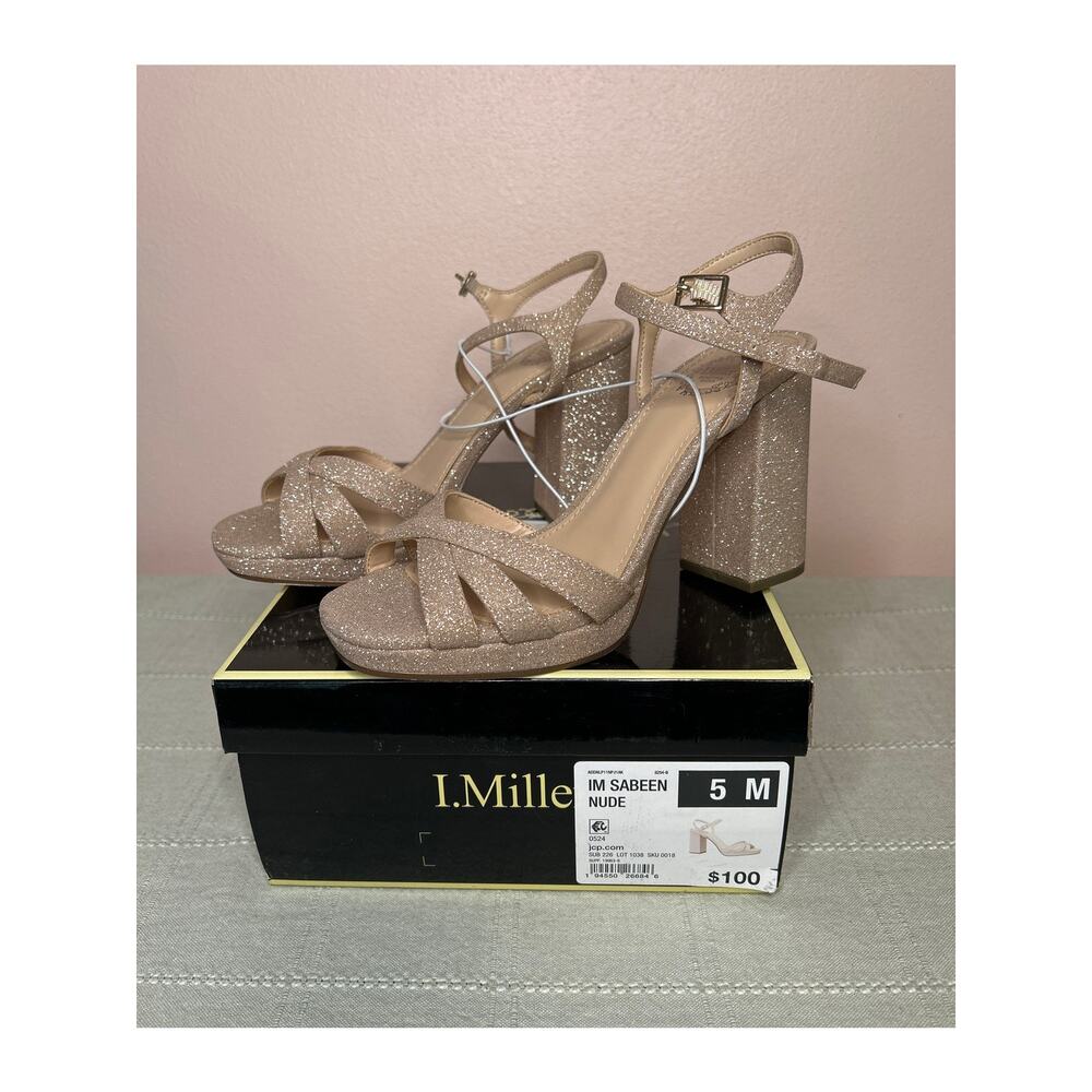I. Miller Sabeen Women's Nude Glitter Faux Leather Block Heel Sandal Size 5 M